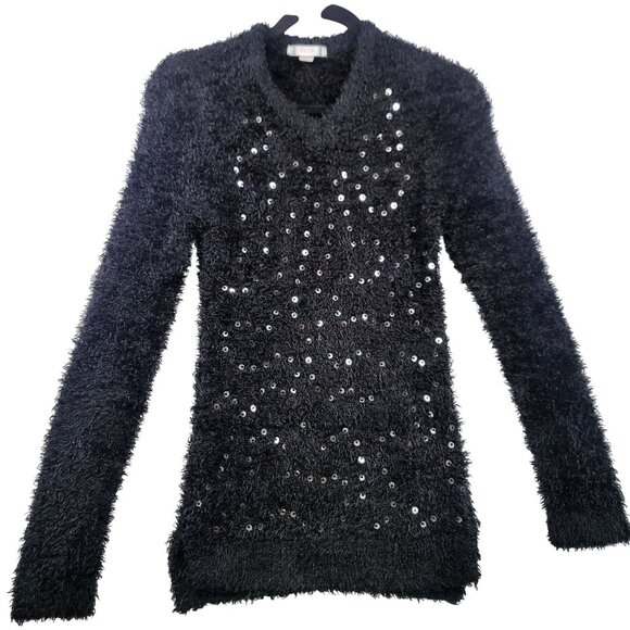 Piper Girls Sweater L 10-12 Black Sequins Shag Fuzzy Long Sleeve Knit V Neck - Picture 1 of 10